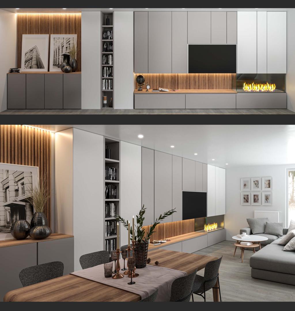 Harmonisch Thuiswerkstation: Integratie van TV-Wand en Haard met Eiken Accenten